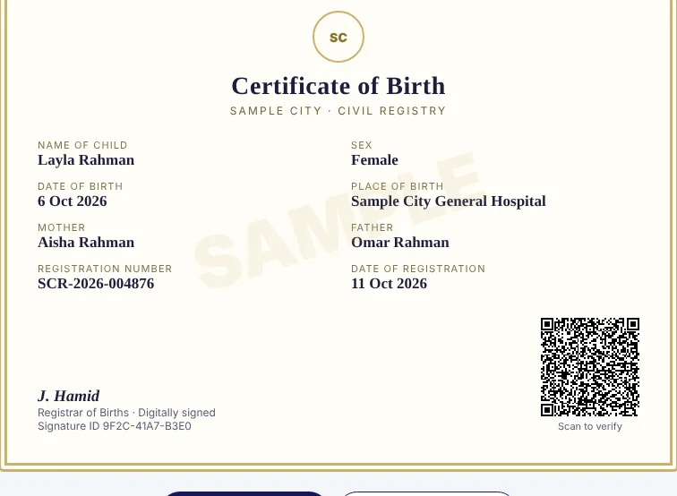 Sample digitally signed birth certificate with a QR code for verification