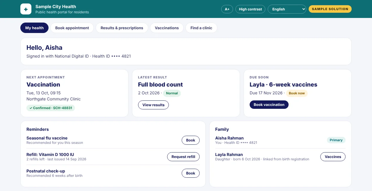 Sample public health portal dashboard with next appointment, latest result and vaccine reminders