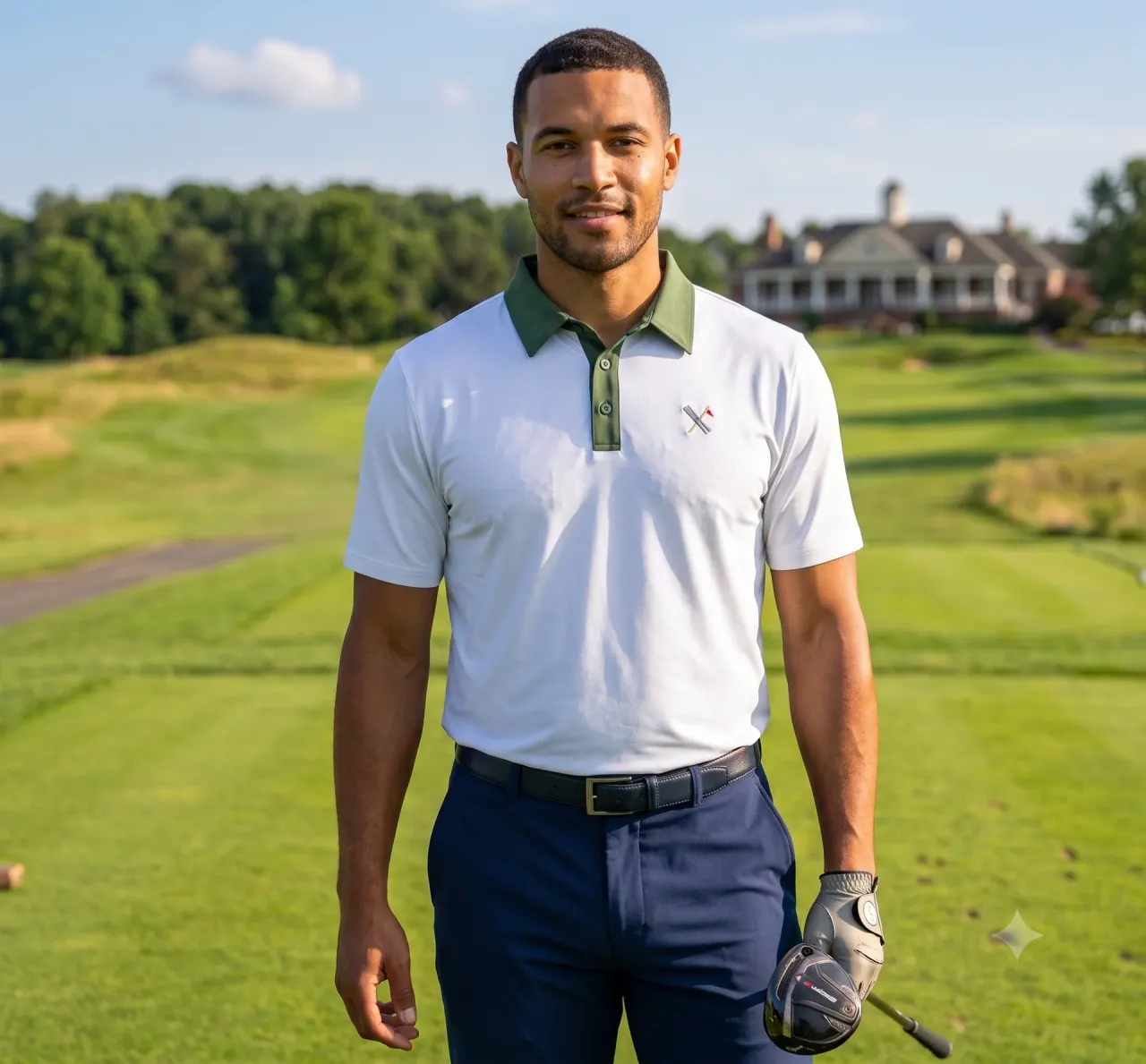 Save The Greens golf polo in white with green collar, worn on the course