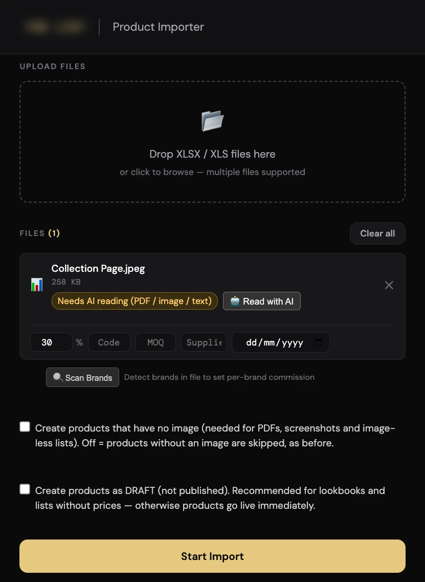 Bulk Product Importer reading a JPEG screenshot with AI — per-file commission, MOQ and expiry, then Start Import